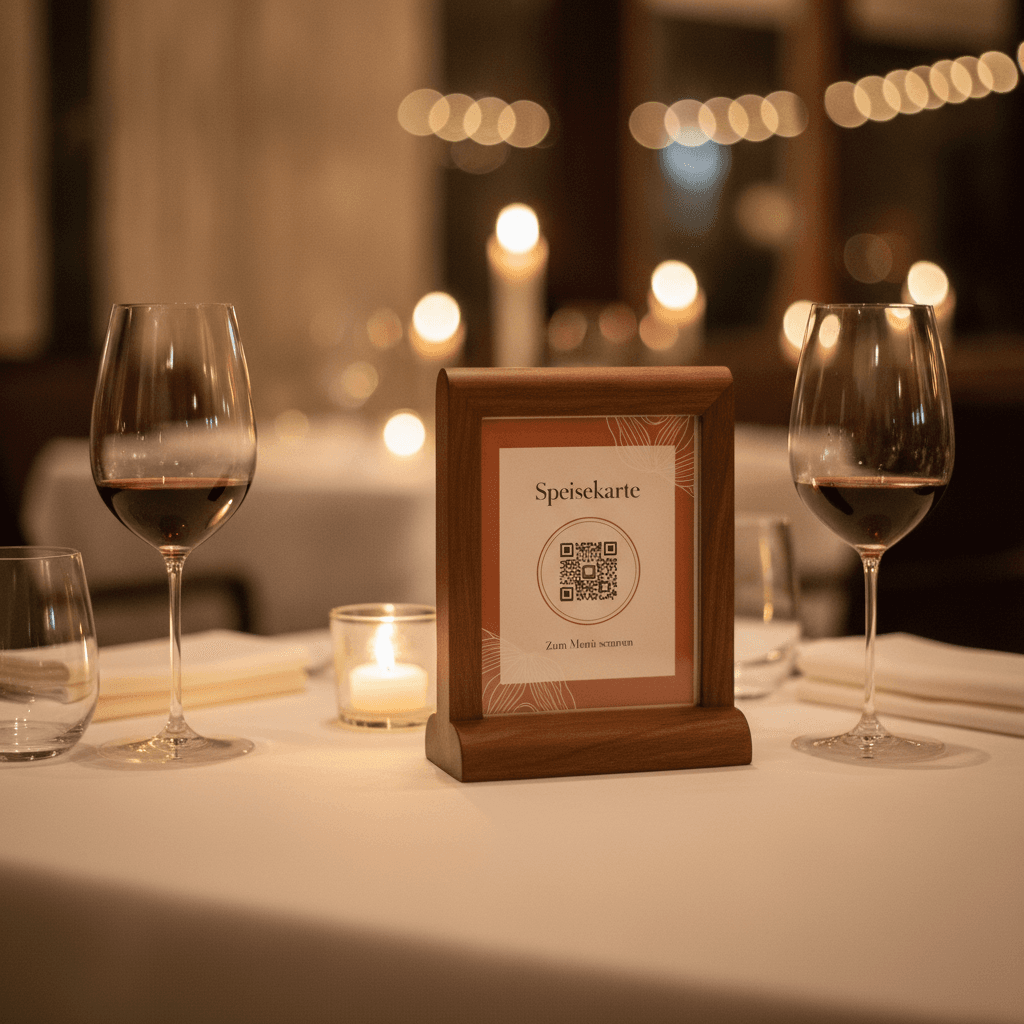 Tischaufsteller aus dunklem Walnussholz mit Glasscheibe und QR-Code auf einem elegant gedeckten Restauranttisch bei Kerzenlicht