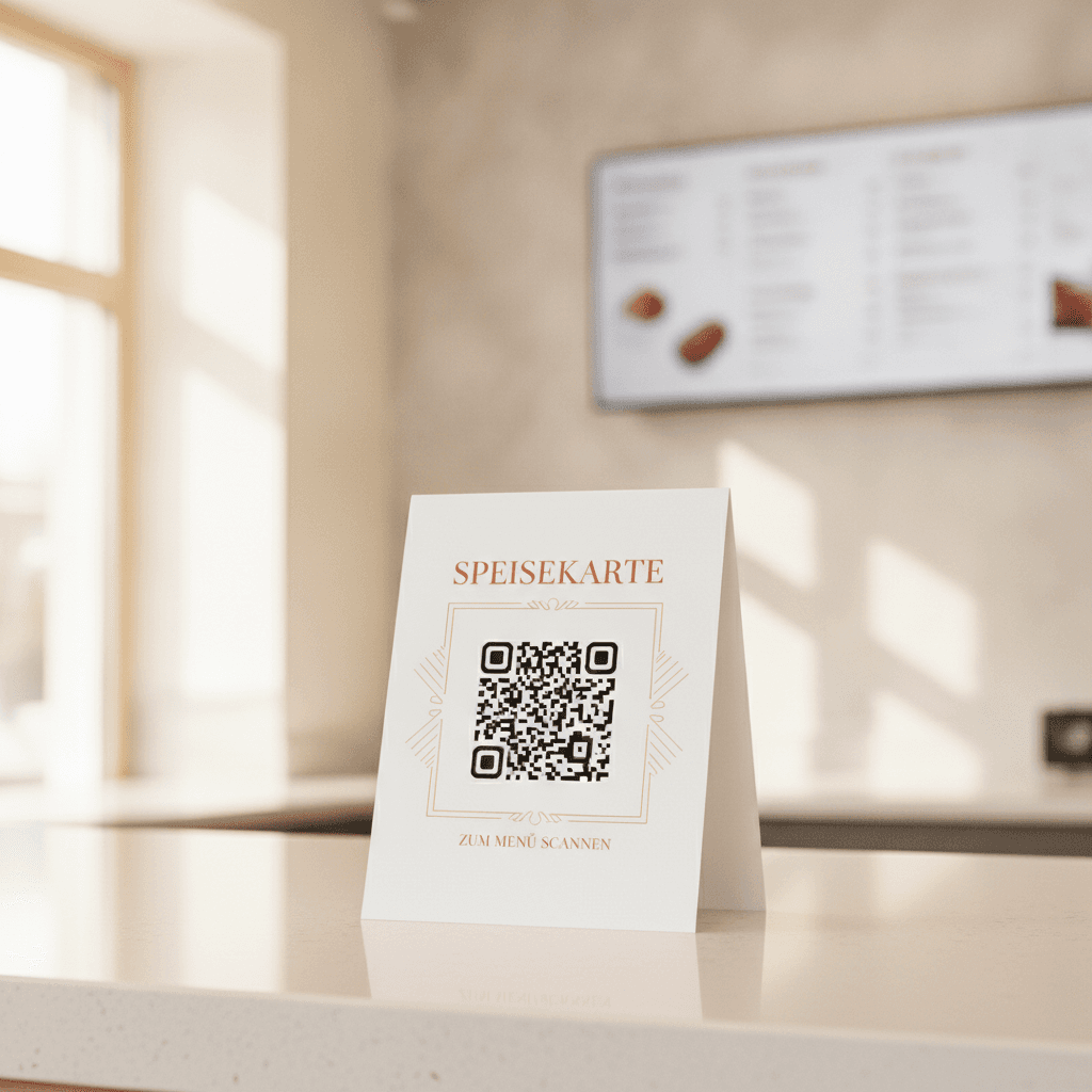 Pappaufsteller mit QR-Code auf einem Tresen in einem hellen, modernen Imbiss